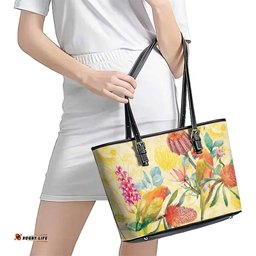 Birds and Floral Aussie Lorikeet Leather Tote Bag Pastel Yellow LT7
