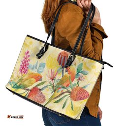 Birds and Floral Aussie Lorikeet Leather Tote Bag Pastel Yellow LT7
