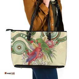 Australia Moluccan Eclectus Leather Tote Bag Australian Native Flowers Indigenous Art LT14