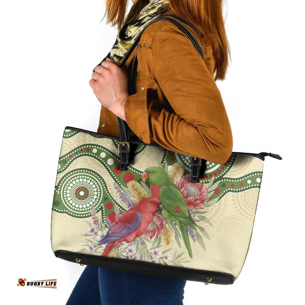 Australia Moluccan Eclectus Leather Tote Bag Australian Native Flowers Indigenous Art LT14