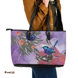 Australia Splendid Fairy Wren on Eucalyptus Leather Tote Bag Epilepsy Awareness LT7