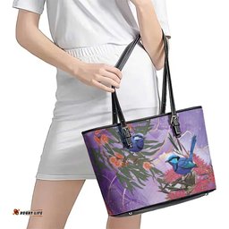 Australia Splendid Fairy Wren on Eucalyptus Leather Tote Bag Epilepsy Awareness LT7