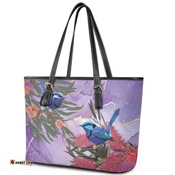 Australia Splendid Fairy Wren on Eucalyptus Leather Tote Bag Epilepsy Awareness LT7