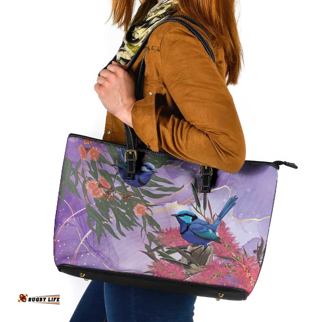 Australia Splendid Fairy Wren on Eucalyptus Leather Tote Bag Epilepsy Awareness LT7