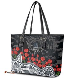 Carlton Blues ANZAC Day Leather Tote Bag Indigenous Dot Art with Poppy Flower Tribute TS04
