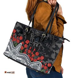 Carlton Blues ANZAC Day Leather Tote Bag Indigenous Dot Art with Poppy Flower Tribute TS04