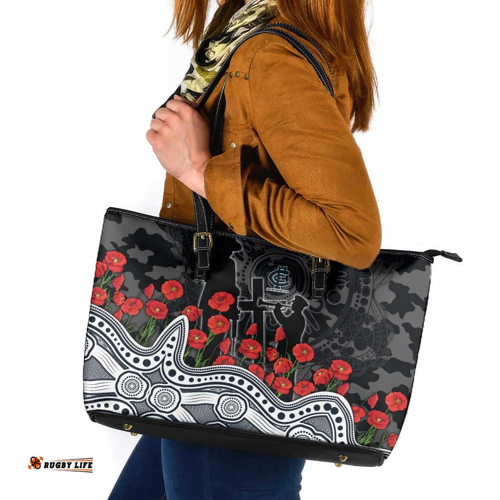 Carlton Blues ANZAC Day Leather Tote Bag Indigenous Dot Art with Poppy Flower Tribute TS04