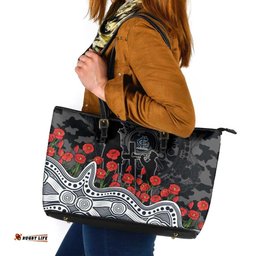 Carlton Blues ANZAC Day Leather Tote Bag Indigenous Dot Art with Poppy Flower Tribute TS04