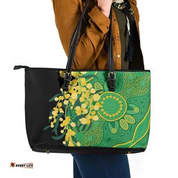 Australia Golden Wattle Leather Tote Bag Aussie Native Flowers Indigenous Art LT14