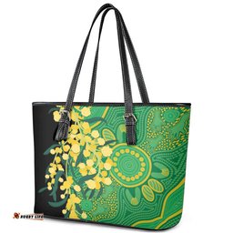 Australia Golden Wattle Leather Tote Bag Aussie Native Flowers Indigenous Art LT14