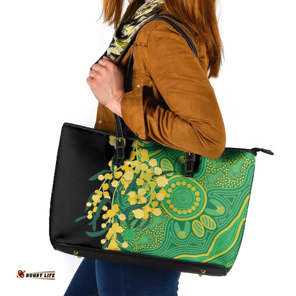 Australia Golden Wattle Leather Tote Bag Aussie Native Flowers Indigenous Art LT14