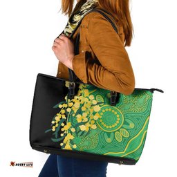 Australia Golden Wattle Leather Tote Bag Aussie Native Flowers Indigenous Art LT14