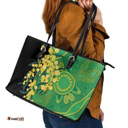 Australia Golden Wattle Leather Tote Bag Aussie Native Flowers Indigenous Art LT14