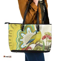 Australia Rock Parrot Leather Tote Bag Kangaroo Paws Indigenous Art LT14