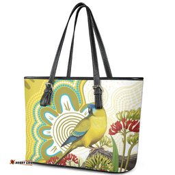 Australia Rock Parrot Leather Tote Bag Kangaroo Paws Indigenous Art LT14