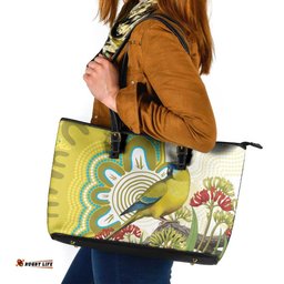 Australia Rock Parrot Leather Tote Bag Kangaroo Paws Indigenous Art LT14