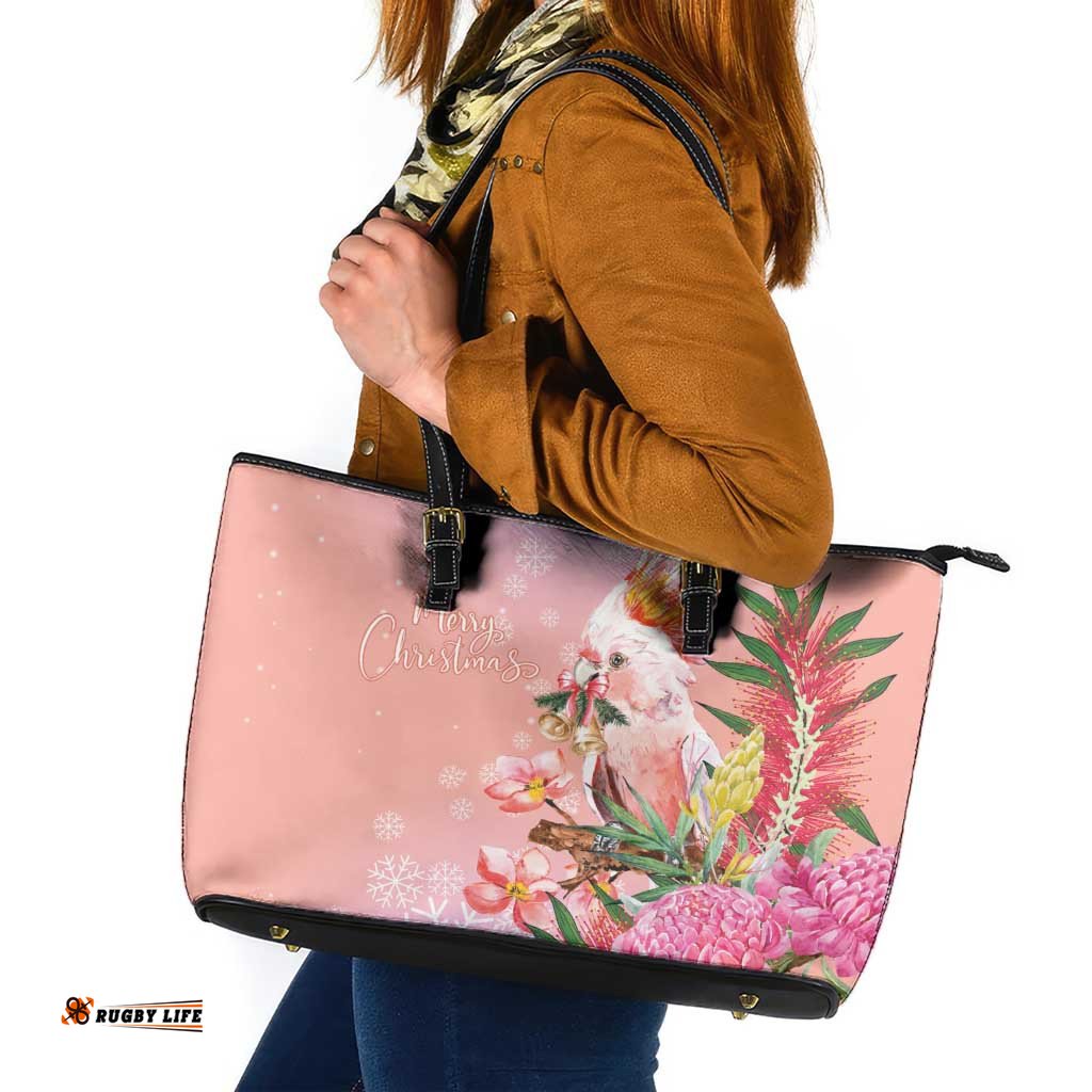 Australia Christmas Pink Cockatoo with Banksia Leather Tote Bag Coral Pink LT7
