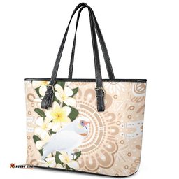 Australia Long-billed Corella Leather Tote Bag Cacatua Tenuirostris Plumeria Aboriginal Art LT14
