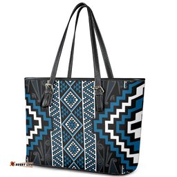 Azure Tukutuku Pattern Aotearoa Leather Tote Bag Niho Taniwha and Puhoro Motifs LT7