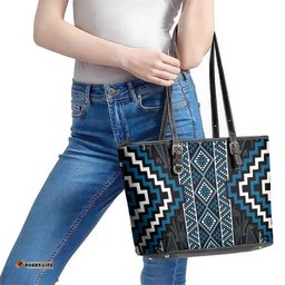 Azure Tukutuku Pattern Aotearoa Leather Tote Bag Niho Taniwha and Puhoro Motifs LT7