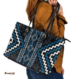 Azure Tukutuku Pattern Aotearoa Leather Tote Bag Niho Taniwha and Puhoro Motifs LT7