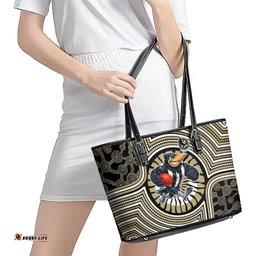 Collingwood Football Club Leather Tote Bag Indigenous Monochrome Dot Art Mascot Style TS04