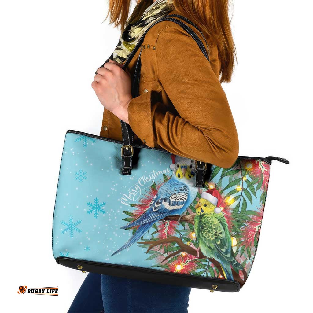Blue Budgies on Callistemon Leather Tote Bag Merry Christmas Aussie LT7