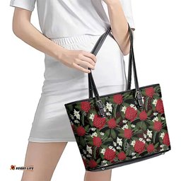 Australia Waratah Flannel Flower Leather Tote Bag Aussie Native Flowers Seamless Stylized LT14