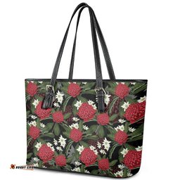 Australia Waratah Flannel Flower Leather Tote Bag Aussie Native Flowers Seamless Stylized LT14