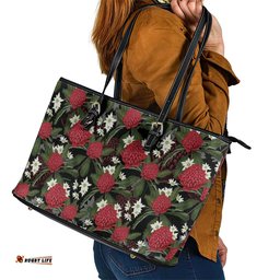 Australia Waratah Flannel Flower Leather Tote Bag Aussie Native Flowers Seamless Stylized LT14
