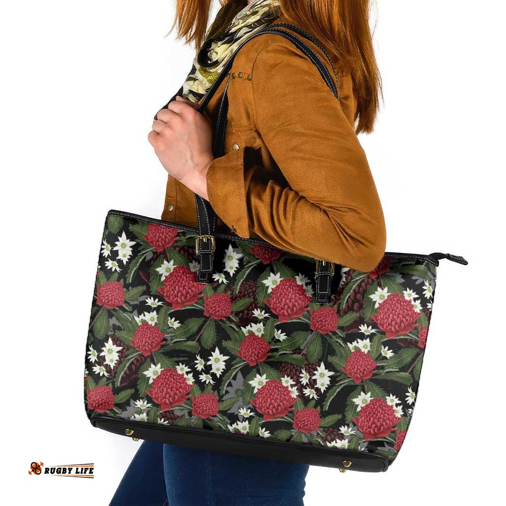 Australia Waratah Flannel Flower Leather Tote Bag Aussie Native Flowers Seamless Stylized LT14