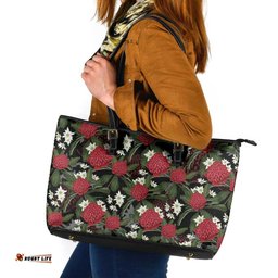 Australia Waratah Flannel Flower Leather Tote Bag Aussie Native Flowers Seamless Stylized LT14