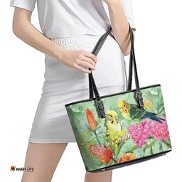 Birds and Floral Aussie Budgerigars Leather Tote Bag Mint Opal LT7
