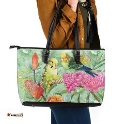Birds and Floral Aussie Budgerigars Leather Tote Bag Mint Opal LT7