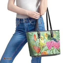 Birds and Floral Aussie Budgerigars Leather Tote Bag Mint Opal LT7