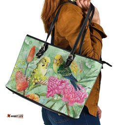 Birds and Floral Aussie Budgerigars Leather Tote Bag Mint Opal LT7