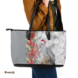 Blue Galah Mutation Christmas Australia Leather Tote Bag Falalalala Galalah Bottlebrush Grey Aboriginal Art LT14