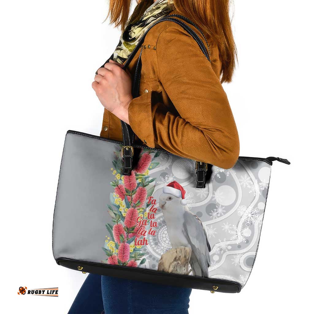 Blue Galah Mutation Christmas Australia Leather Tote Bag Falalalala Galalah Bottlebrush Grey Aboriginal Art LT14