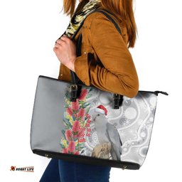 Blue Galah Mutation Christmas Australia Leather Tote Bag Falalalala Galalah Bottlebrush Grey Aboriginal Art LT14