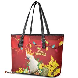 Australia Sulphur-crested Cockatoo Christmas Leather Tote Bag Aussie Native Flowers Merry Xmas LT14