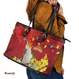 Australia Sulphur-crested Cockatoo Christmas Leather Tote Bag Aussie Native Flowers Merry Xmas LT14