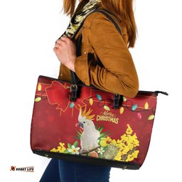 Australia Sulphur-crested Cockatoo Christmas Leather Tote Bag Aussie Native Flowers Merry Xmas LT14