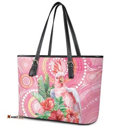 Breast Cancer Pink Cockatoo Leather Tote Bag Australia Indigenous Watercolor Glaze LT7