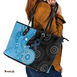 Australia Autism Awareness Month Leather Tote Bag Indigenous Lizard With Blue Ribbon LT14