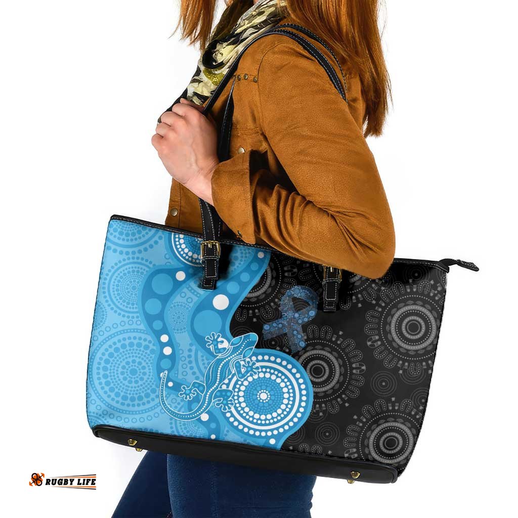 Australia Autism Awareness Month Leather Tote Bag Indigenous Lizard With Blue Ribbon LT14
