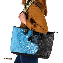 Australia Autism Awareness Month Leather Tote Bag Indigenous Lizard With Blue Ribbon LT14