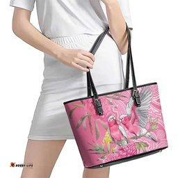Australia Pink Galah Leather Tote Bag Rose-breasted Cockatoo Waratah Indigenous Art LT14