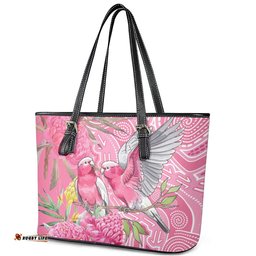Australia Pink Galah Leather Tote Bag Rose-breasted Cockatoo Waratah Indigenous Art LT14