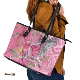 Australia Pink Galah Leather Tote Bag Rose-breasted Cockatoo Waratah Indigenous Art LT14
