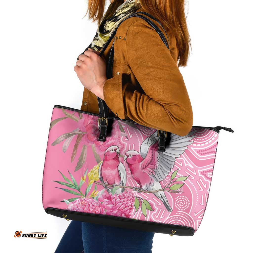 Australia Pink Galah Leather Tote Bag Rose-breasted Cockatoo Waratah Indigenous Art LT14